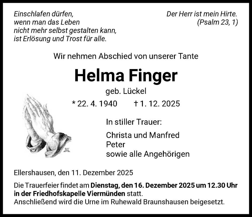  Traueranzeige für Helma Finger vom 11.12.2025 aus HNA