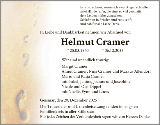 Traueranzeige von Helmut Cramer von HNA
