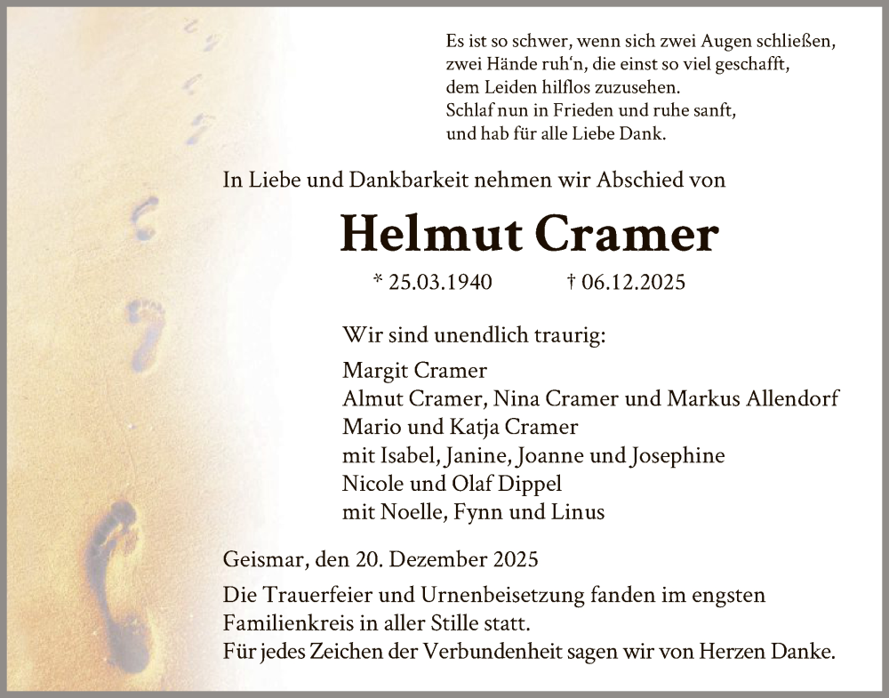  Traueranzeige für Helmut Cramer vom 20.12.2025 aus HNA