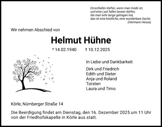Traueranzeige von Helmut Hühne von HNA