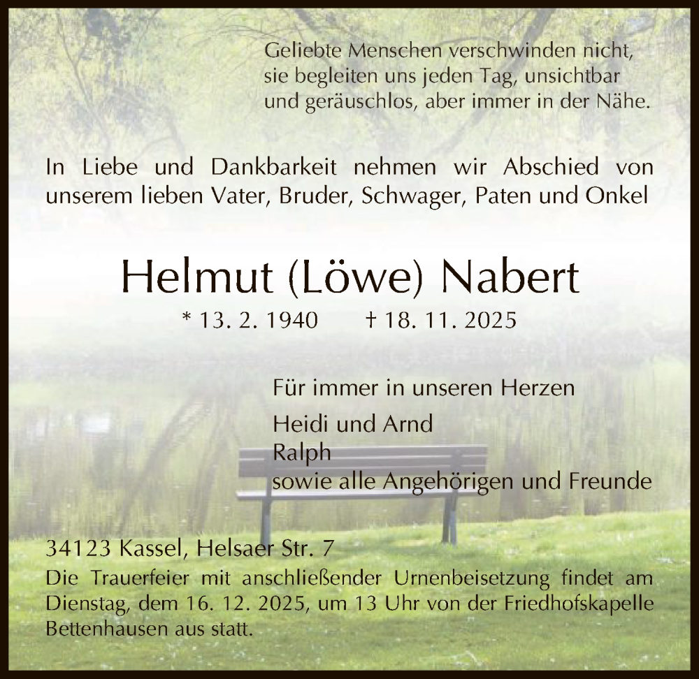  Traueranzeige für Helmut Nabert vom 13.12.2025 aus HNA