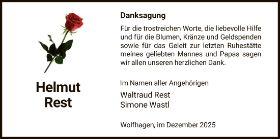 Traueranzeige von Helmut Rest von HNA