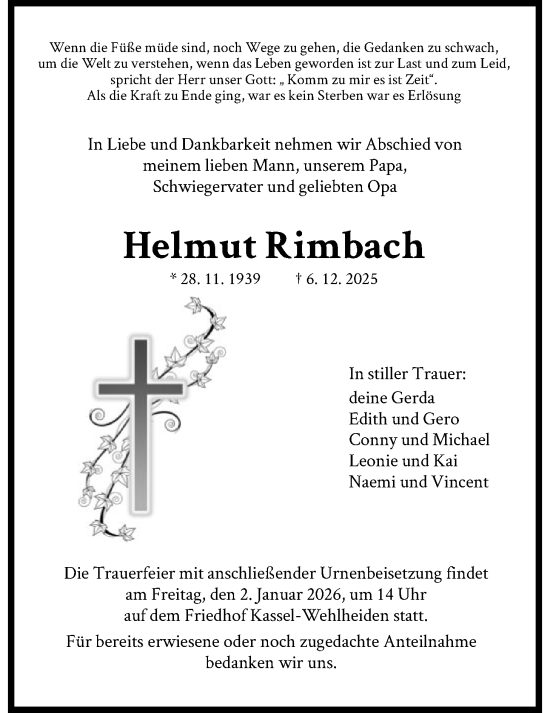 Traueranzeige von Helmut Rimbach von HNAWRS