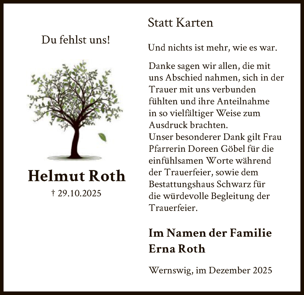  Traueranzeige für Helmut Roth vom 06.12.2025 aus HNAHNA