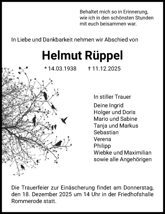 Traueranzeige von Helmut Rüppel von HNAHNA