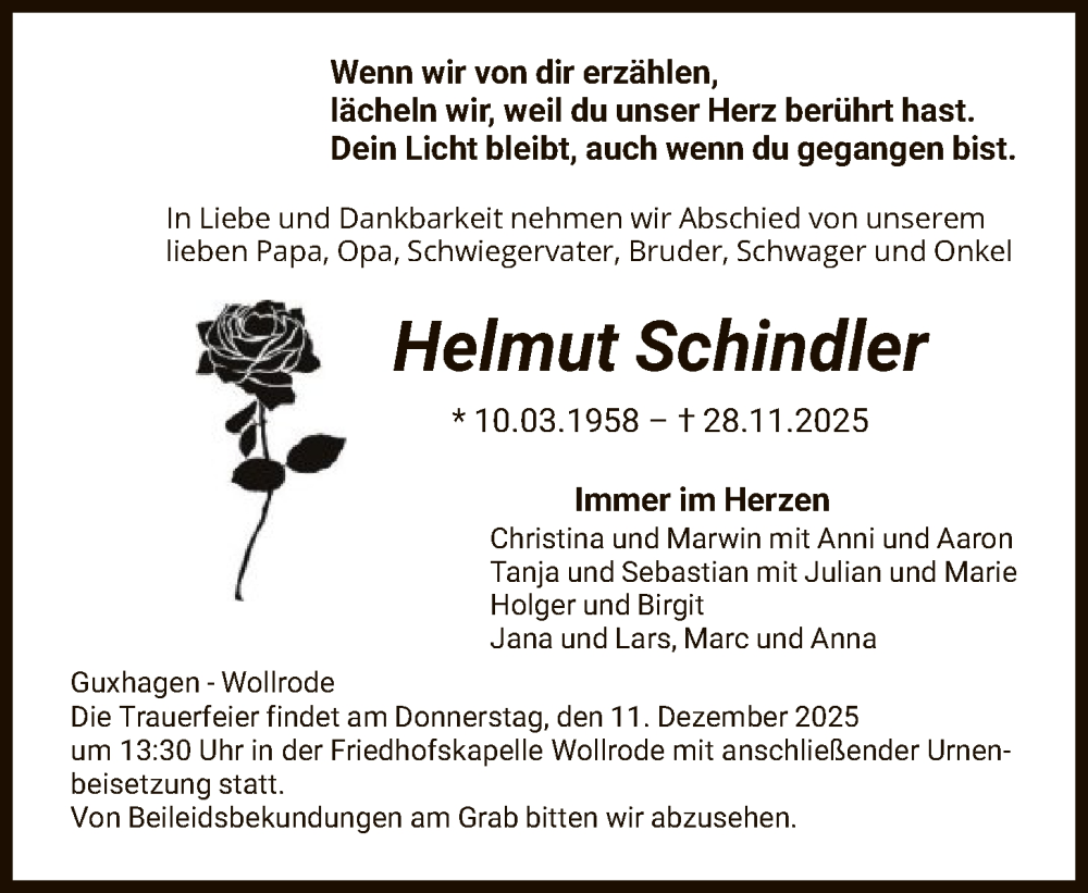  Traueranzeige für Helmut Schindler vom 06.12.2025 aus HNA