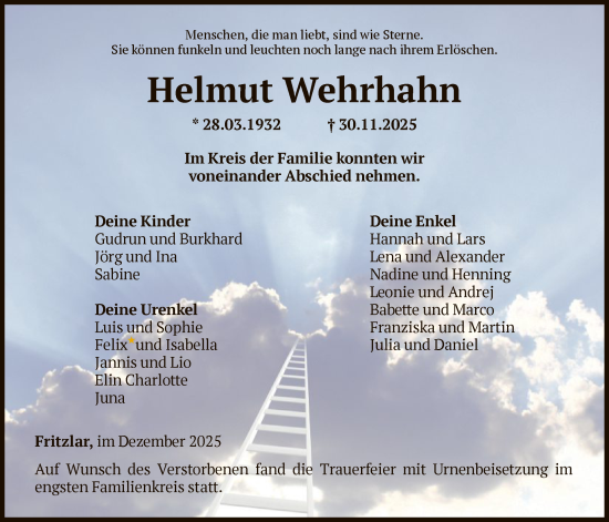 Traueranzeige von Helmut Wehrhahn von HNA