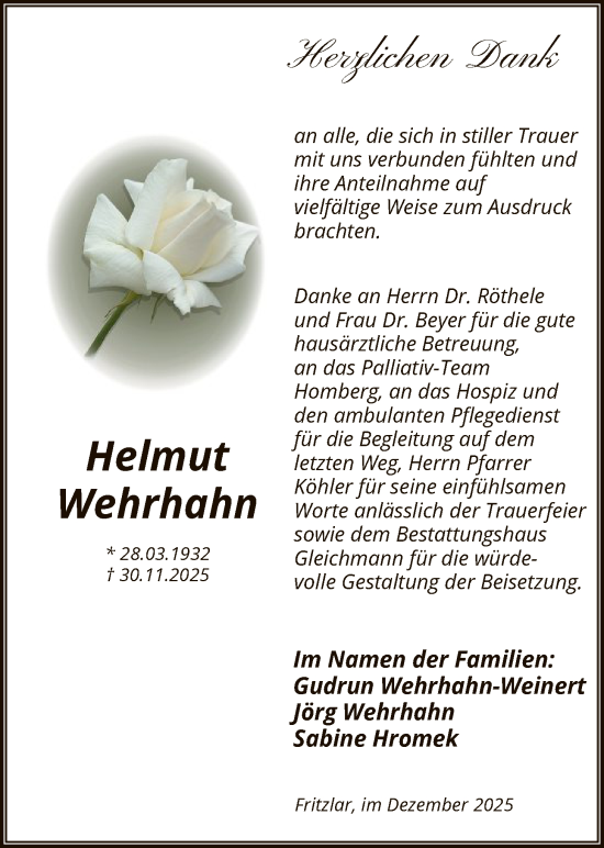 Traueranzeige von Helmut Wehrhahn von HNA