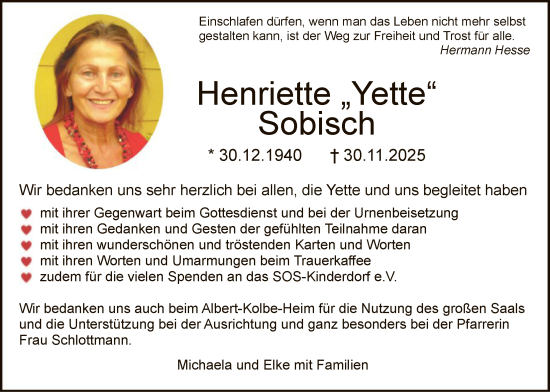 Traueranzeige von Henriette Sobisch von HNA