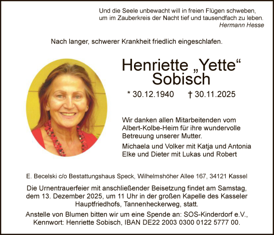 Traueranzeige von Henriette Sobisch von HNA