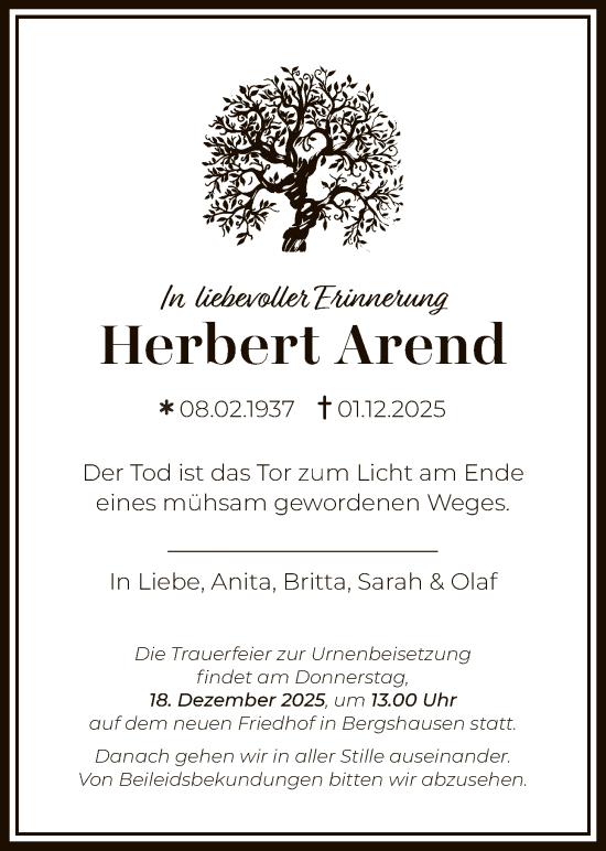 Traueranzeige von Herbert Arend von HNA