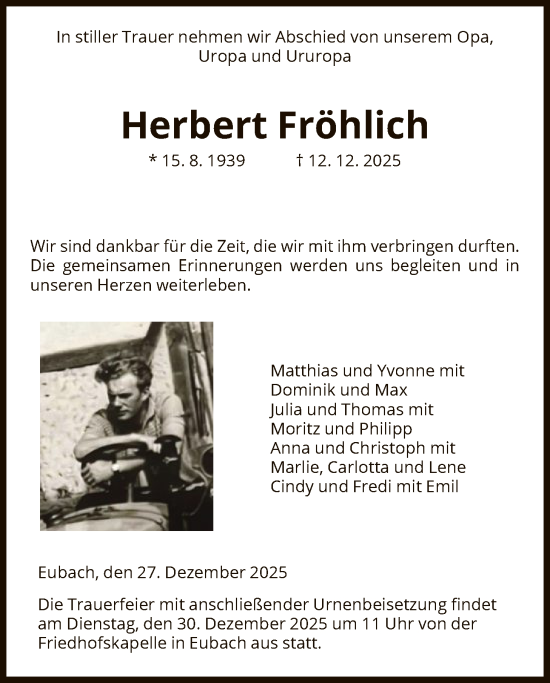 Traueranzeige von Herbert Fröhlich von HNA