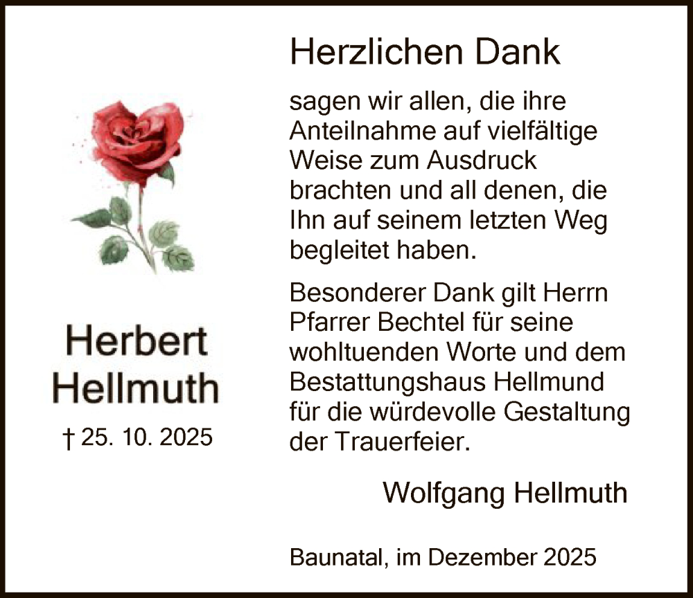  Traueranzeige für Herbert Hellmuth vom 13.12.2025 aus HNA