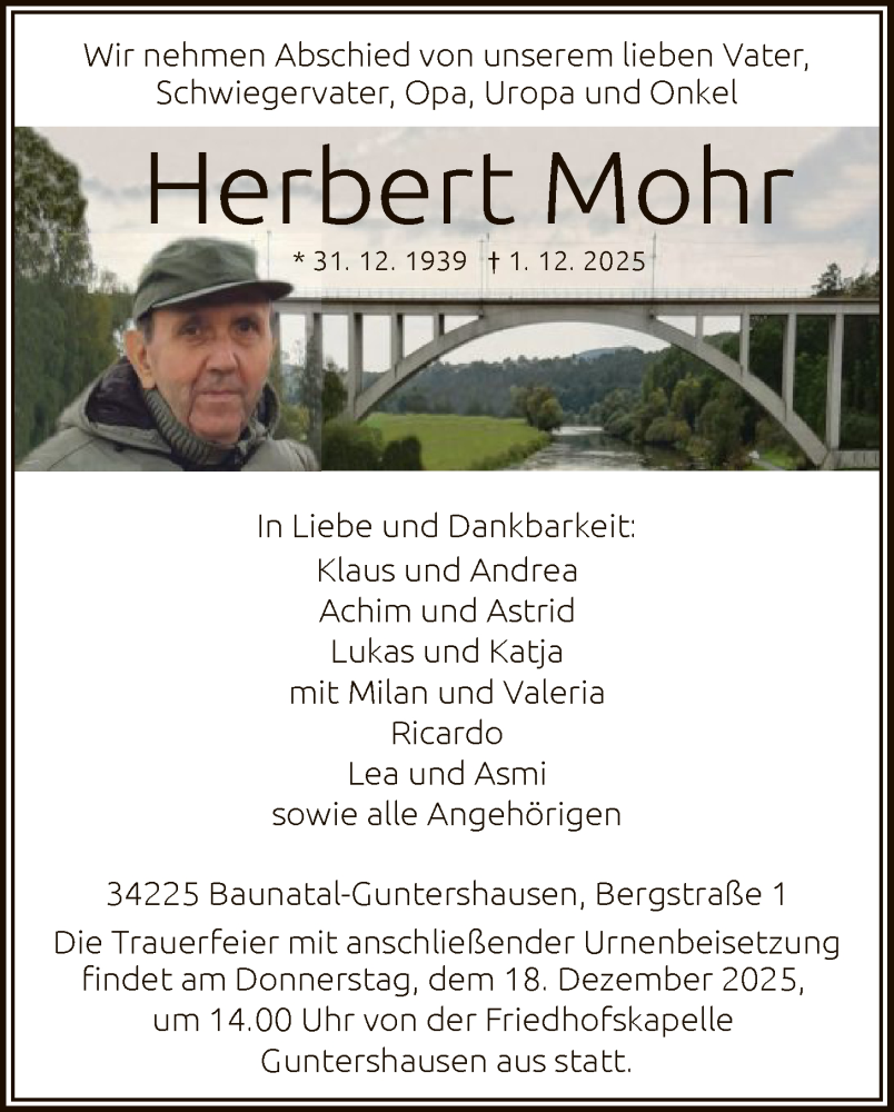  Traueranzeige für Herbert Mohr vom 13.12.2025 aus HNA