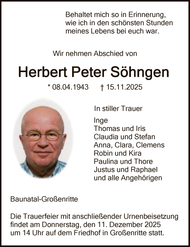  Traueranzeige für Herbert Peter Söhngen vom 06.12.2025 aus HNA