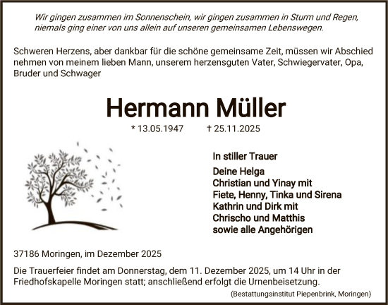 Traueranzeige von Hermann Müller von HNA