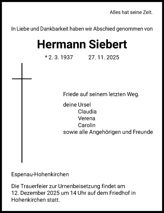 Traueranzeige von Hermann Siebert von HNA