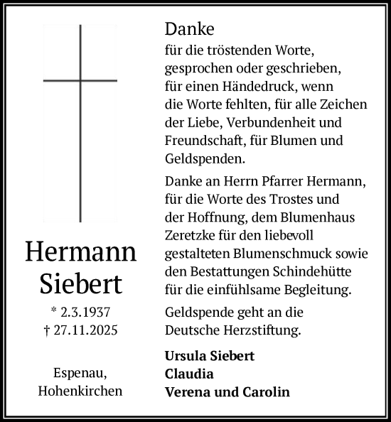 Traueranzeige von Hermann Siebert von HNA