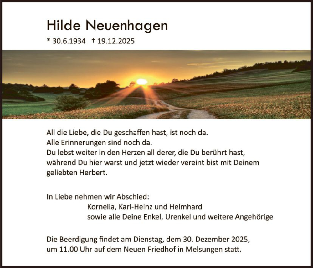  Traueranzeige für Hilde Neuenhagen vom 27.12.2025 aus HNA
