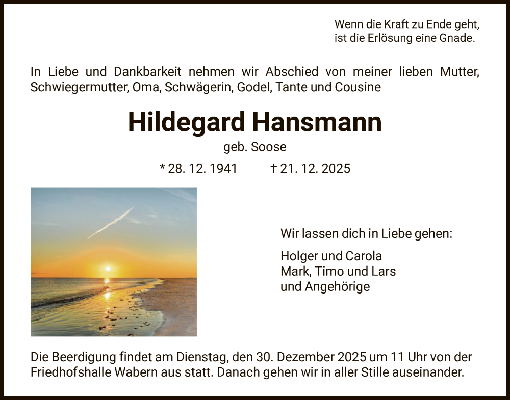  Traueranzeige für Hildegard Hansmann vom 27.12.2025 aus HNA