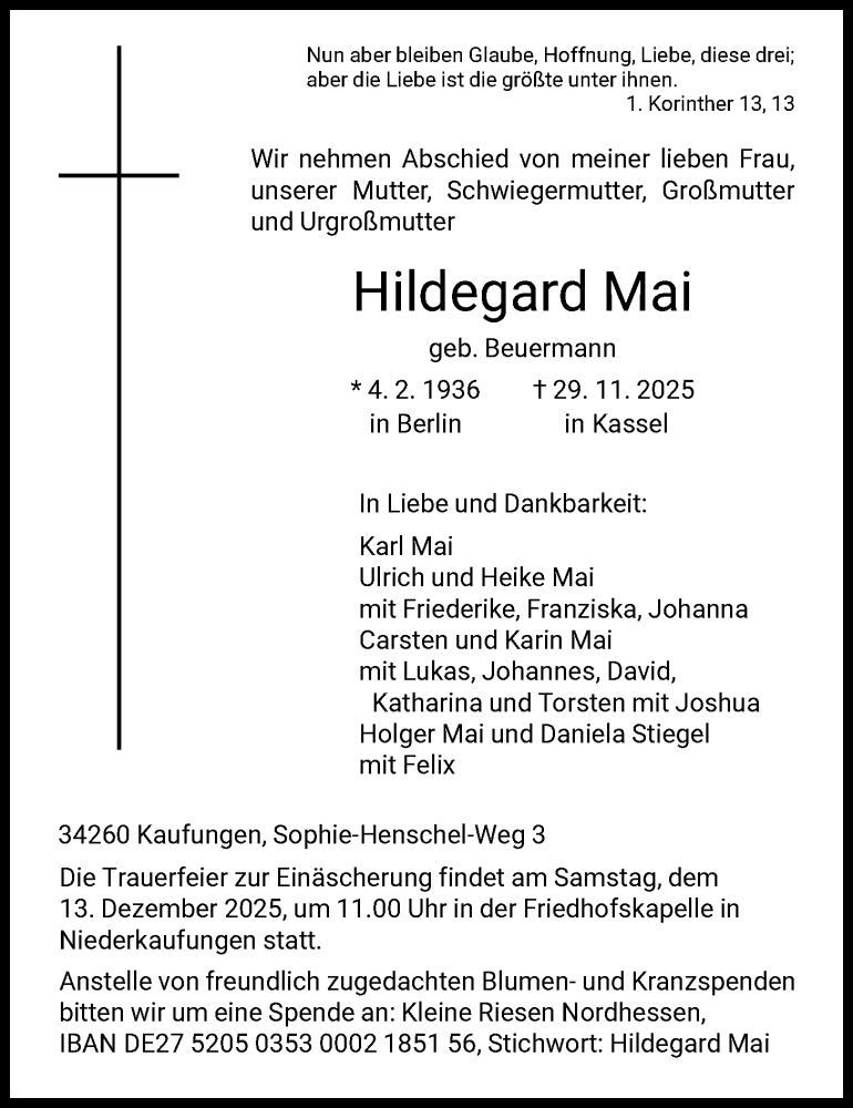  Traueranzeige für Hildegard Mai vom 06.12.2025 aus HNA