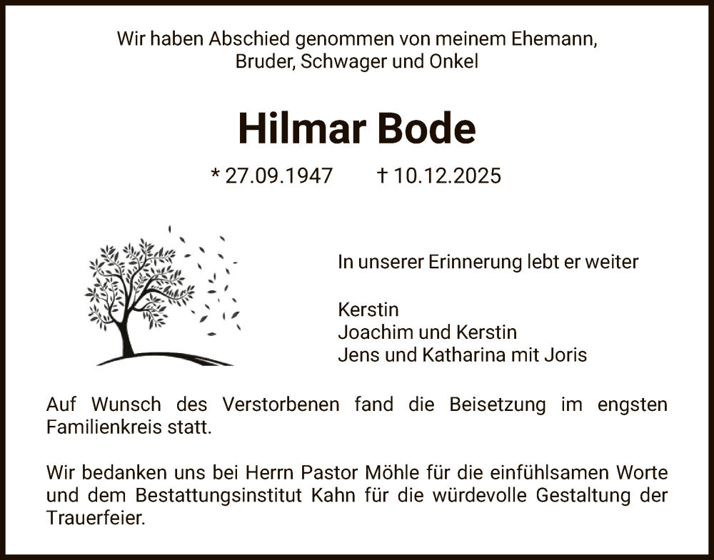  Traueranzeige für Hilmar Bode vom 27.12.2025 aus HNA