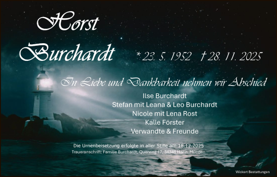 Traueranzeige von Horst Burchardt von HNA