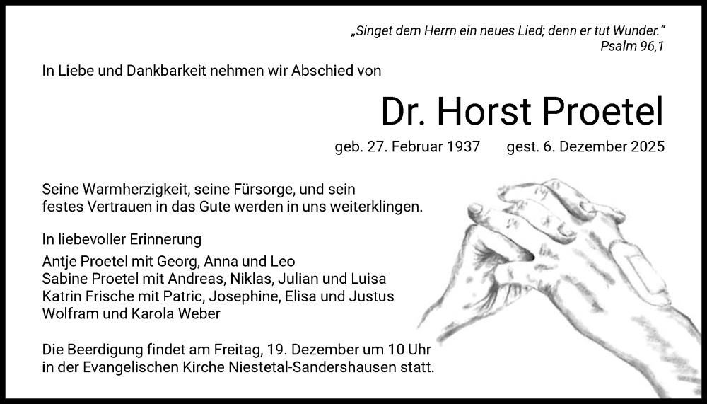  Traueranzeige für Horst Proetel vom 13.12.2025 aus HNA