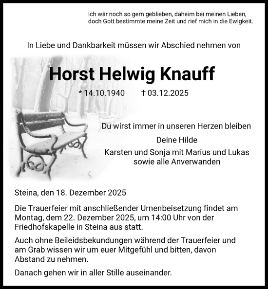 Traueranzeige von Horst Helwig Knauff von HNA