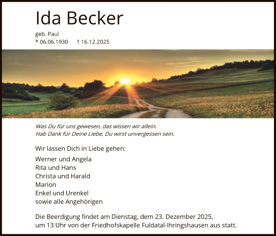 Traueranzeige von Ida Becker von HNA