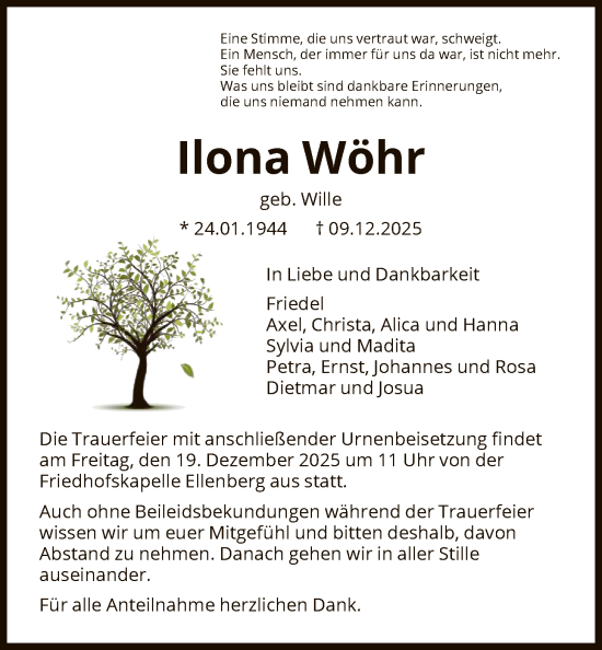 Traueranzeige von Ilona Wöhr von HNA