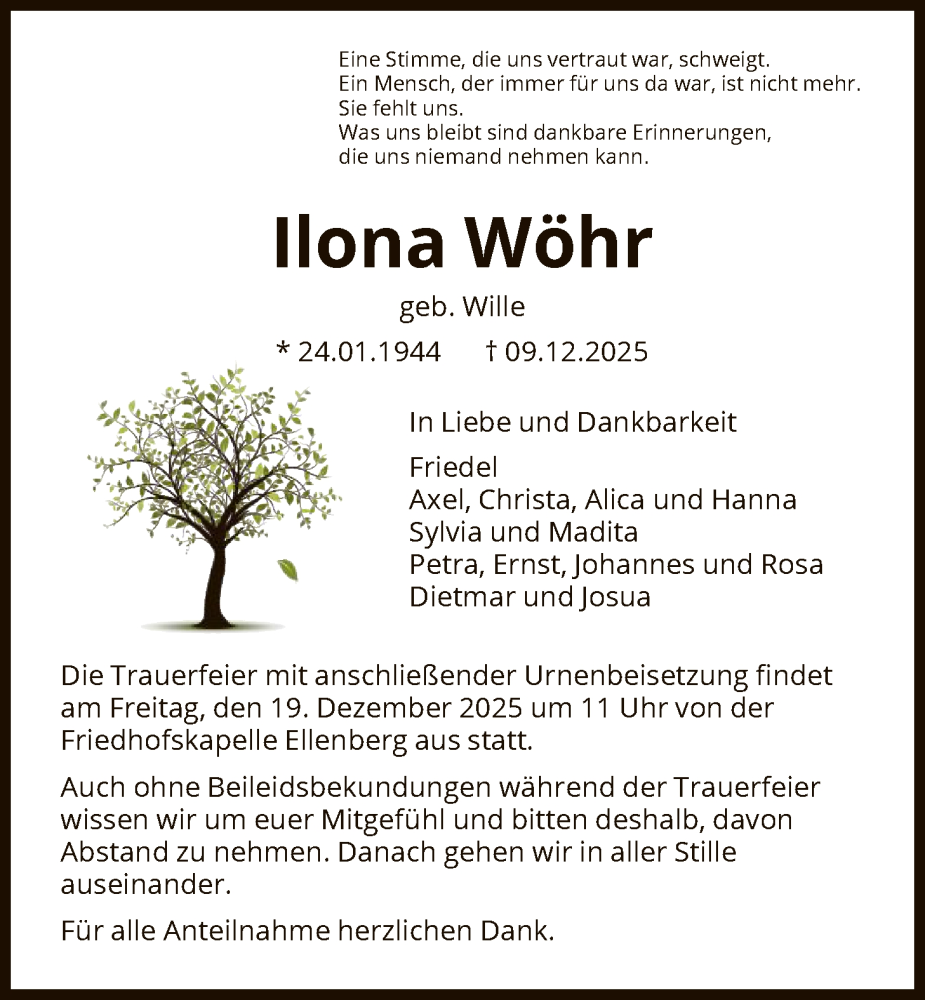 Traueranzeige für Ilona Wöhr vom 16.12.2025 aus HNA