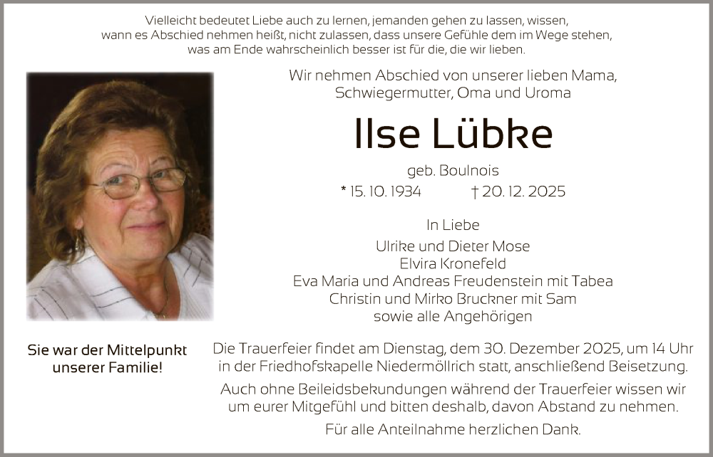  Traueranzeige für Ilse Lübke vom 27.12.2025 aus HNA