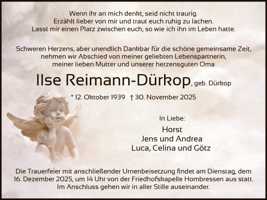 Traueranzeige von Ilse Reimann-Dürkop von HNHNA