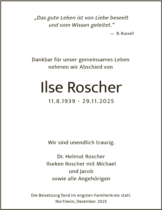 Traueranzeige von Ilse Roscher von HNA