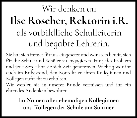 Traueranzeige von Ilse Roscher von HNA