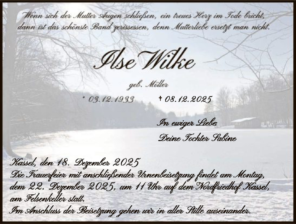  Traueranzeige für Ilse Wilke vom 18.12.2025 aus HNA