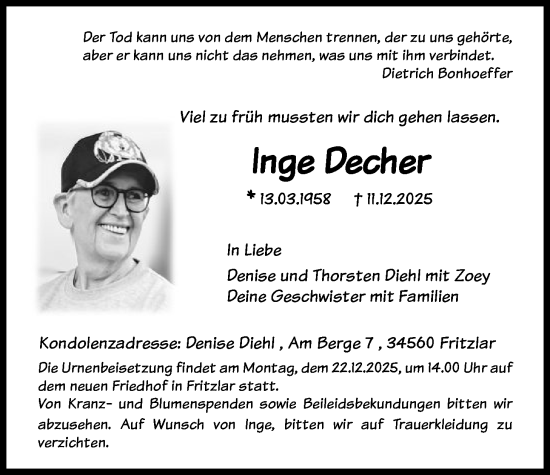 Traueranzeige von Inge Decher von HNA