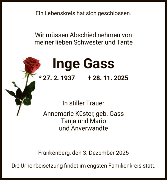 Traueranzeige von Inge Gass von HNA