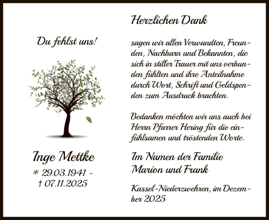 Traueranzeige von Inge Mettke von HNA