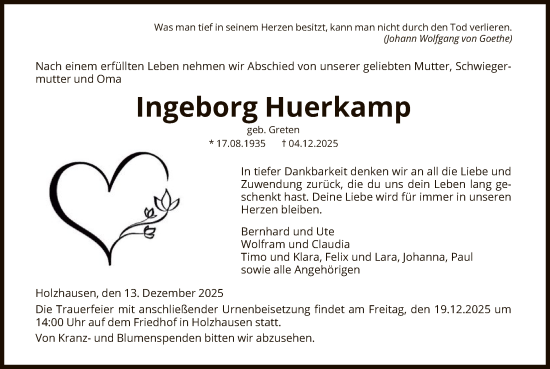 Traueranzeige von Ingeborg Huerkamp von HNAHNA