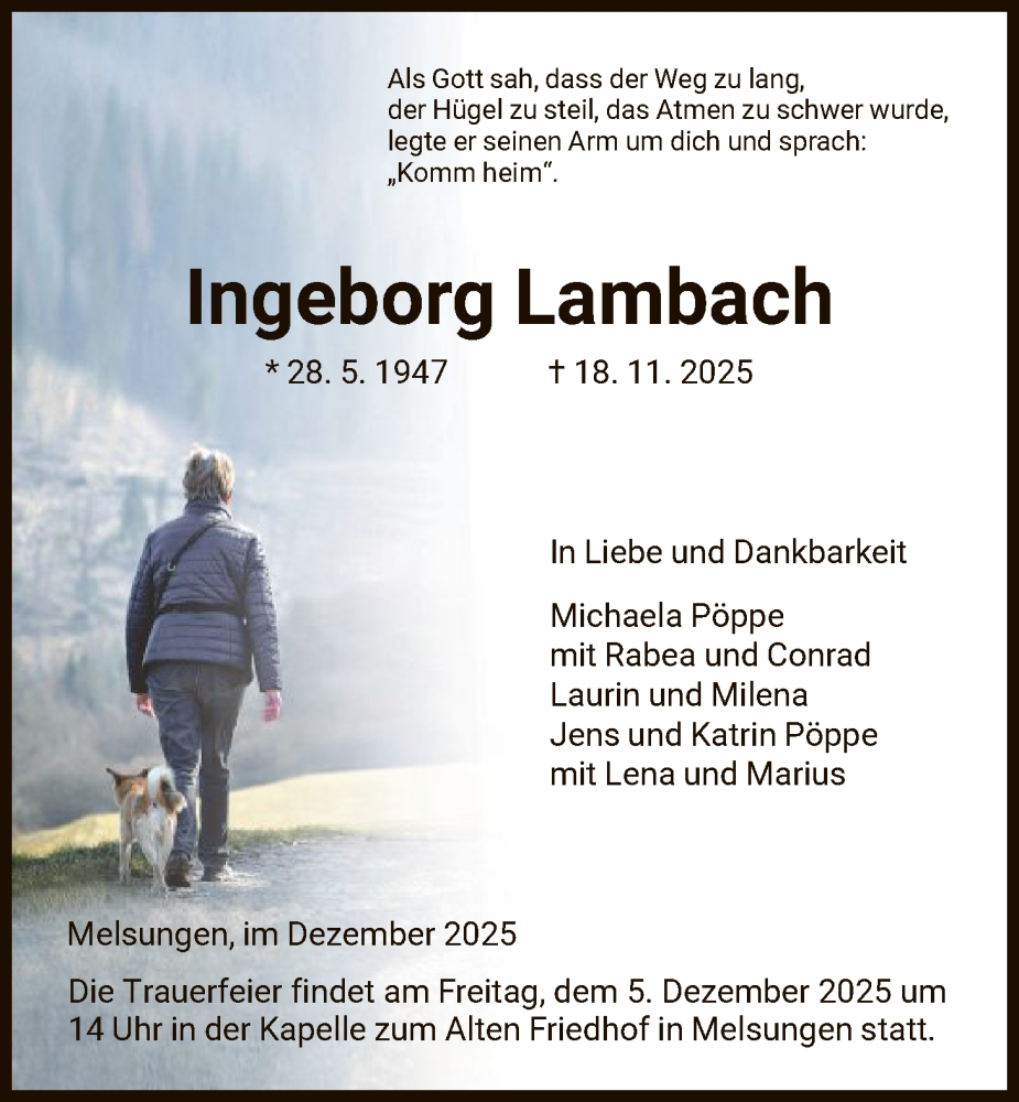  Traueranzeige für Ingeborg Lambach vom 02.12.2025 aus HNA