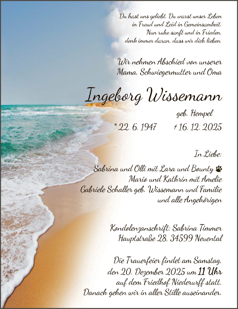  Traueranzeige für Ingeborg Wissemann vom 18.12.2025 aus HNA