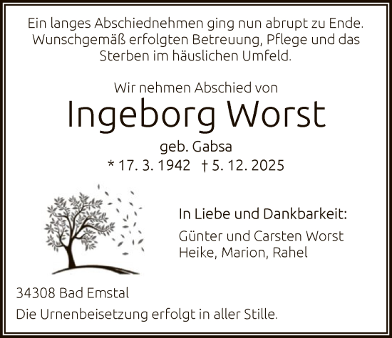 Traueranzeige von Ingeborg Worst von HNAHNA