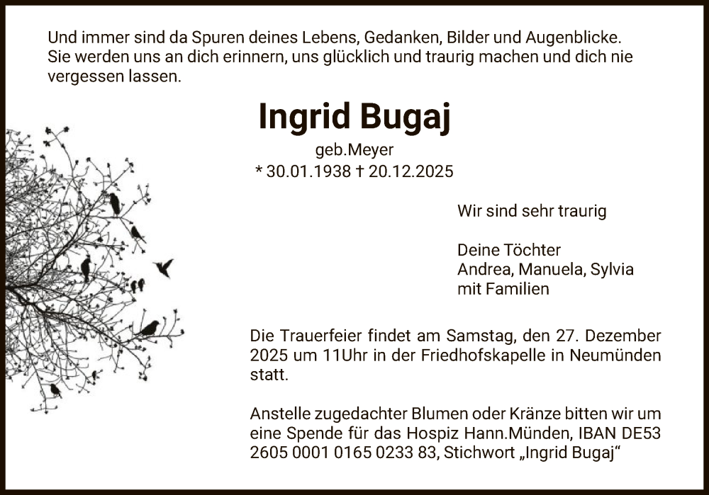  Traueranzeige für Ingrid Bugaj vom 24.12.2025 aus HNA
