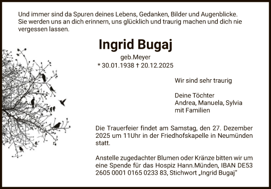 Traueranzeige von Ingrid Bugaj von HNA