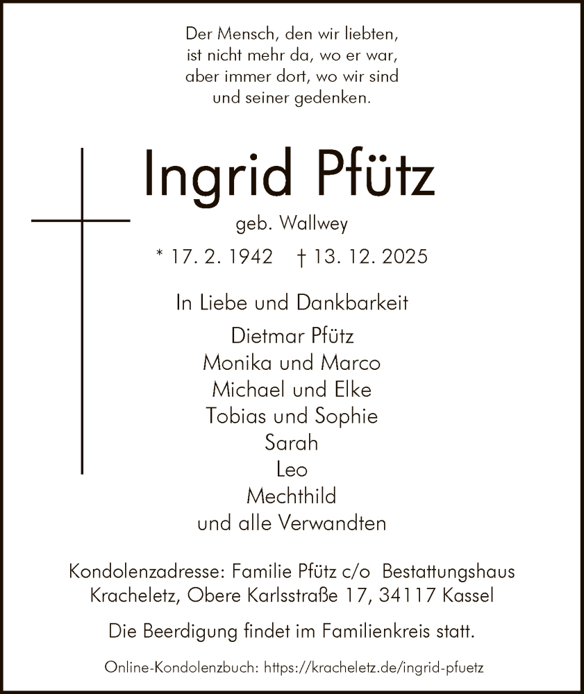  Traueranzeige für Ingrid Pfütz vom 20.12.2025 aus HNA