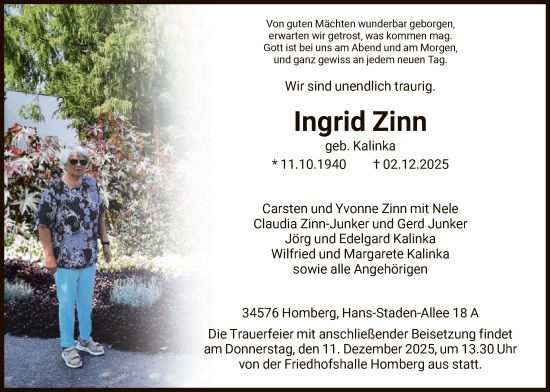 Traueranzeige von Ingrid Zinn von HNA