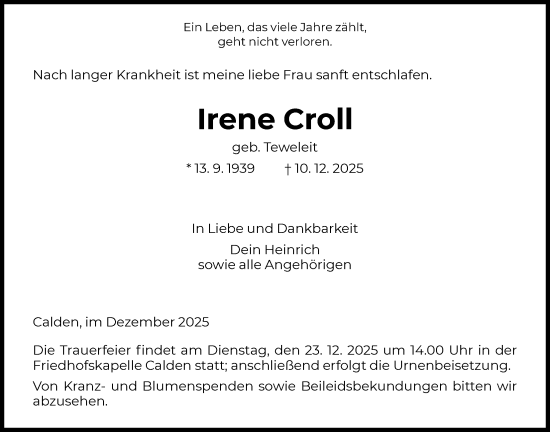 Traueranzeige von Irene Croll von HNA