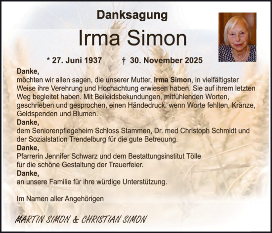 Traueranzeige von Irma Simon von HNHNA